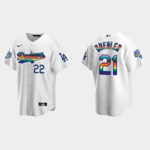 Men's Los Angeles Dodgers #21 Walker Buehler 2022 Pride Night LGBTQ Cool Base Jersey - White