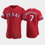 Men's Texas Rangers #7 Ivan Rodriguez Alternate Scarle 50th Anniversary Flex Base Jersey