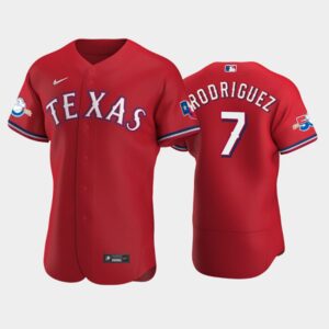 Men's Texas Rangers #7 Ivan Rodriguez Alternate Scarle 50th Anniversary Flex Base Jersey