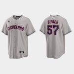 Men's Cleveland Guardians #57 Shane Bieber Gray Road Jersey