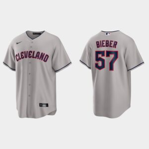 Men's Cleveland Guardians #57 Shane Bieber Gray Road Jersey