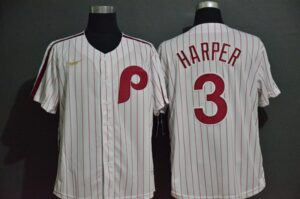 Men's Philadelphia Phillies #3 Bryce Harper White Pinstripe Cool Base Cooperstown Collection  Jersey