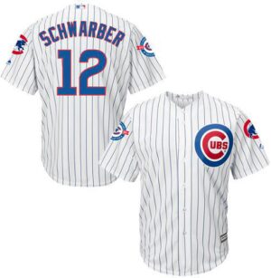Chicago Cubs #12 Kyle Schwarber White Strip New Cool Base with 100 Years at Wrigley Field Commemorative Patch Stitched Jersey