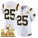 Patriot #25 New England Patriots Super Bowl LX Gold Patch Vapor Limited Game Jersey - All Stitched