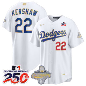 Clayton Kershaw #22 Los Angeles Dodgers 250th Patch White 2026 Gold Collection Stadium Jersey - White