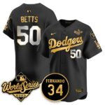 Mookie Betts #50 Los Angeles Dodgers 2025 National League Champions Jersey - Stitched Black Gold