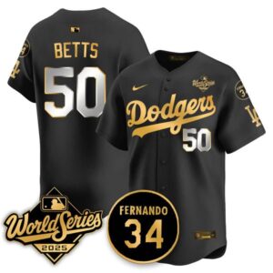 Mookie Betts #50 Los Angeles Dodgers 2025 National League Champions Jersey - Stitched Black Gold
