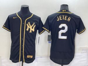 Men's New York Yankees #2 Derek Jeter Black Golden Stitched Flex Base  Jersey