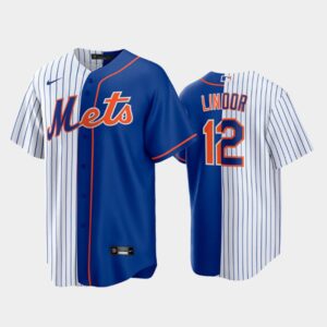 Men's New York Mets Home Jersey #12 Francisco Lindor White-Royal Replica Split