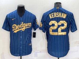 Men's  Los Angeles Dodgers #22 Clayton Kershaw Blue Gold Throwback Cool Base Jersey