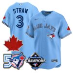 Myles Straw #3 Toronto Blue Jays 50th Red Maple Leaf Patch World Series Limited Jersey Stitched - Light Blue