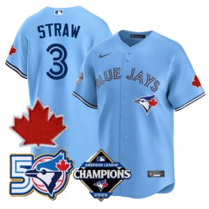 Myles Straw #3 Toronto Blue Jays 50th Red Maple Leaf Patch World Series Limited Jersey Stitched - Light Blue
