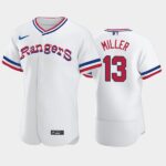 Men's #13 Brad Miller 1972 Throwback Taxas Rangers Home White Flex Base Jersey
