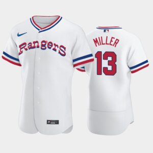 Men's #13 Brad Miller 1972 Throwback Taxas Rangers Home White Flex Base Jersey