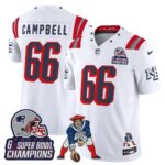 Will Campbell #66 New England Patriots 2025 Rivalries 6x Champions & Throwbacks Mascot Patch Vapor Limited Jersey - All Stitched