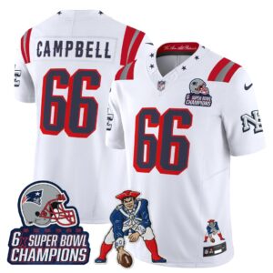 Will Campbell #66 New England Patriots 2025 Rivalries 6x Champions & Throwbacks Mascot Patch Vapor Limited Jersey - All Stitched