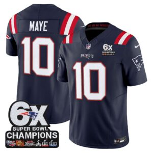 Drake Maye #10 New England Patriots 6-Time Champions Patch Game Jersey - Navy