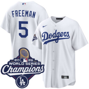 Men's Los Angeles Dodgers Freddie Freeman #5 White 2025 World Series Champions Home Replica Jersey
