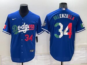 Men's  Los Angeles Dodgers #34 Fernando Valenzuel Blue Mexico Throwback Cool Base Jersey