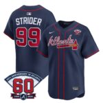 Spencer Strider #99 Atlanta Braves 60th Patch Alternate Limited Player Jersey - Navy