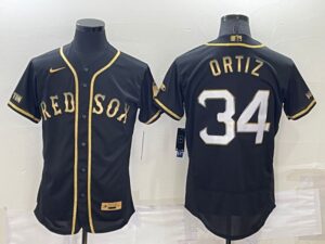 Men's Boston Red Sox #34 David Ortiz Black Golden Stitched Flex Base  Jersey