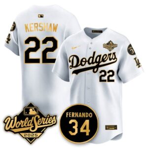 Clayton Kershaw #22 Los Angeles Dodgers 2025 National League Champions Jersey - Stitched White Gold