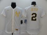 Men's New York Yankees #2 Derek Jeter White Golden Stitched Flex Base  Jersey