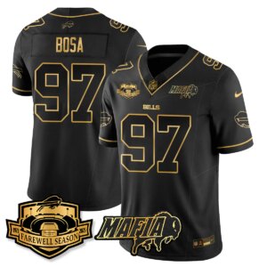 Joey Bosa #97 Buffalo Bills BUF 2025 Bills Mafia Patch Gold Vapor Limited Jersey - All Stitched