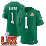 Men's #1 Jalen Hurts Kelly Green Super Bowl LIX 2nd Alternate Game Jersey