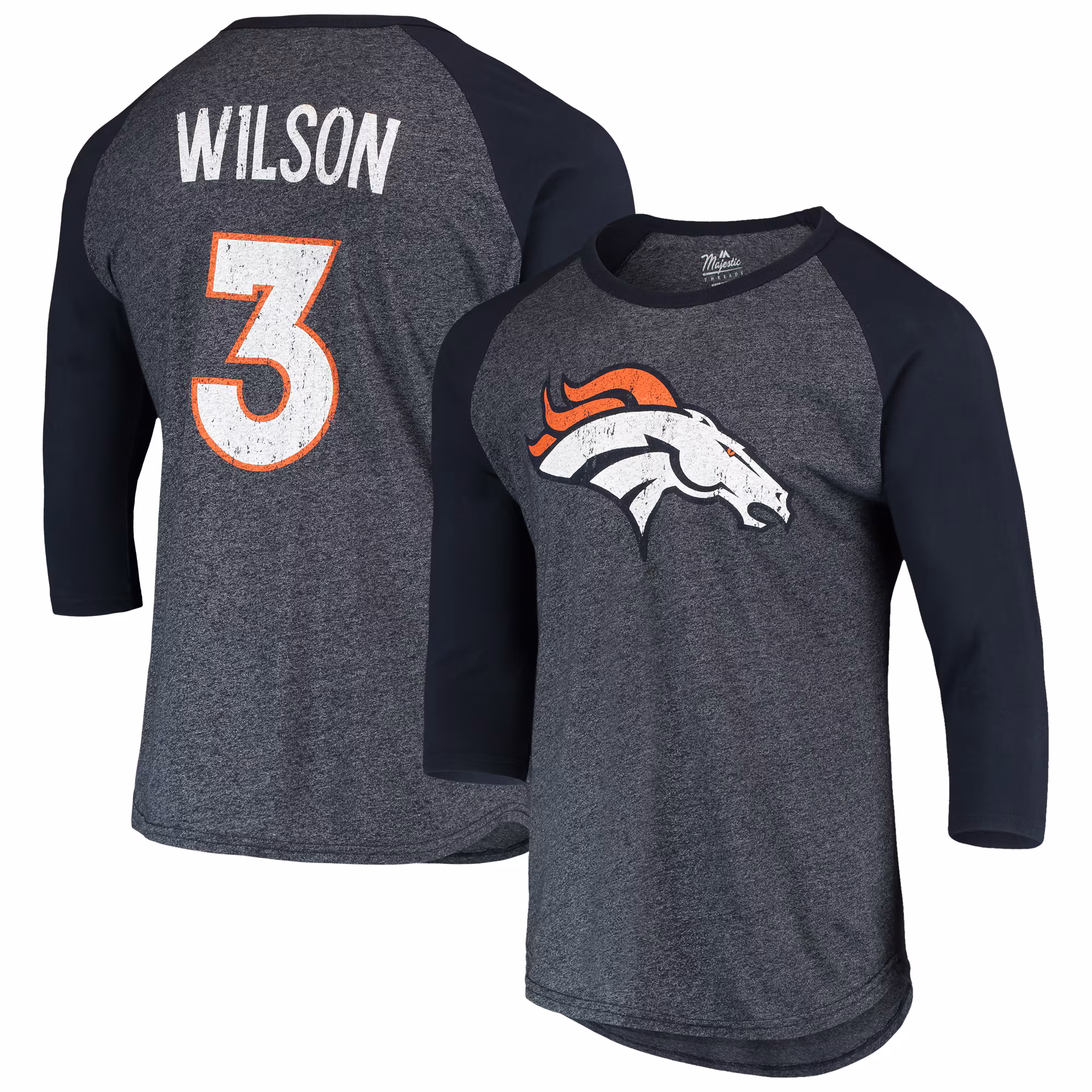 Men's Russell Wilson Navy Denver Broncos Name & Number Team Colorway Tri-Blend 3/4 Raglan Sleeve Player T-Shirt