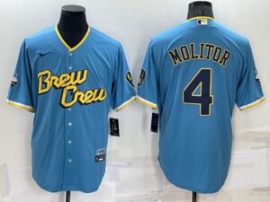 Men's Milwaukee Brewers #4 Paul Molitor 2022 City Connect Powder Blue Cool Base Jersey