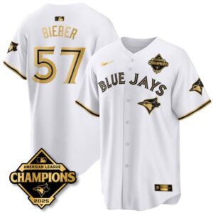 Shane Bieber #57 Toronto Blue Jays 2025 American League Champions Jersey Stitched White Gold