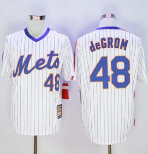 New York Mets #48 Jacob DeGrom White(Blue Strip) Cooperstown Stitched Jersey