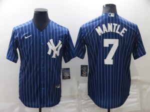Men's  New York Yankees #7 Mickey Mantle Bule Strip Throwback Cool Base Stitched Jersey