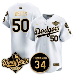 Mookie Betts #50 Los Angeles Dodgers 2025 National League Champions Jersey - Stitched White Gold