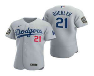 Men's Los Angeles Dodgers #21 Walker Buehler Gray 2020 World Series Flex Base  Jersey