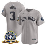 Babe Ruth #3 New York Yankees 27 Time Champions Patch Vapor Premier Limited Jersey - Gray