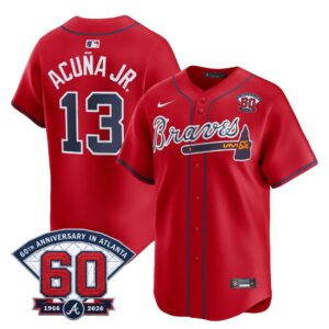 Ronald Acuña Jr. #13 Atlanta Braves 60th Patch Home Limited Player Jersey - Red