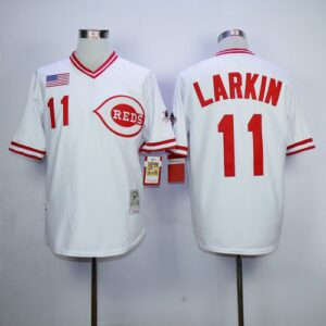 Mitchell And Ness 1990 Cincinnati Reds #11 Barry Larkin White Throwback Stitched Jersey