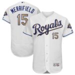 Men's Kansas City Royals #15 Whit Merrifield Majestic White 50th Season Patch Alternate On-Field Flex Base Player Jersey