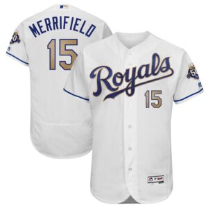 Men's Kansas City Royals #15 Whit Merrifield Majestic White 50th Season Patch Alternate On-Field Flex Base Player Jersey