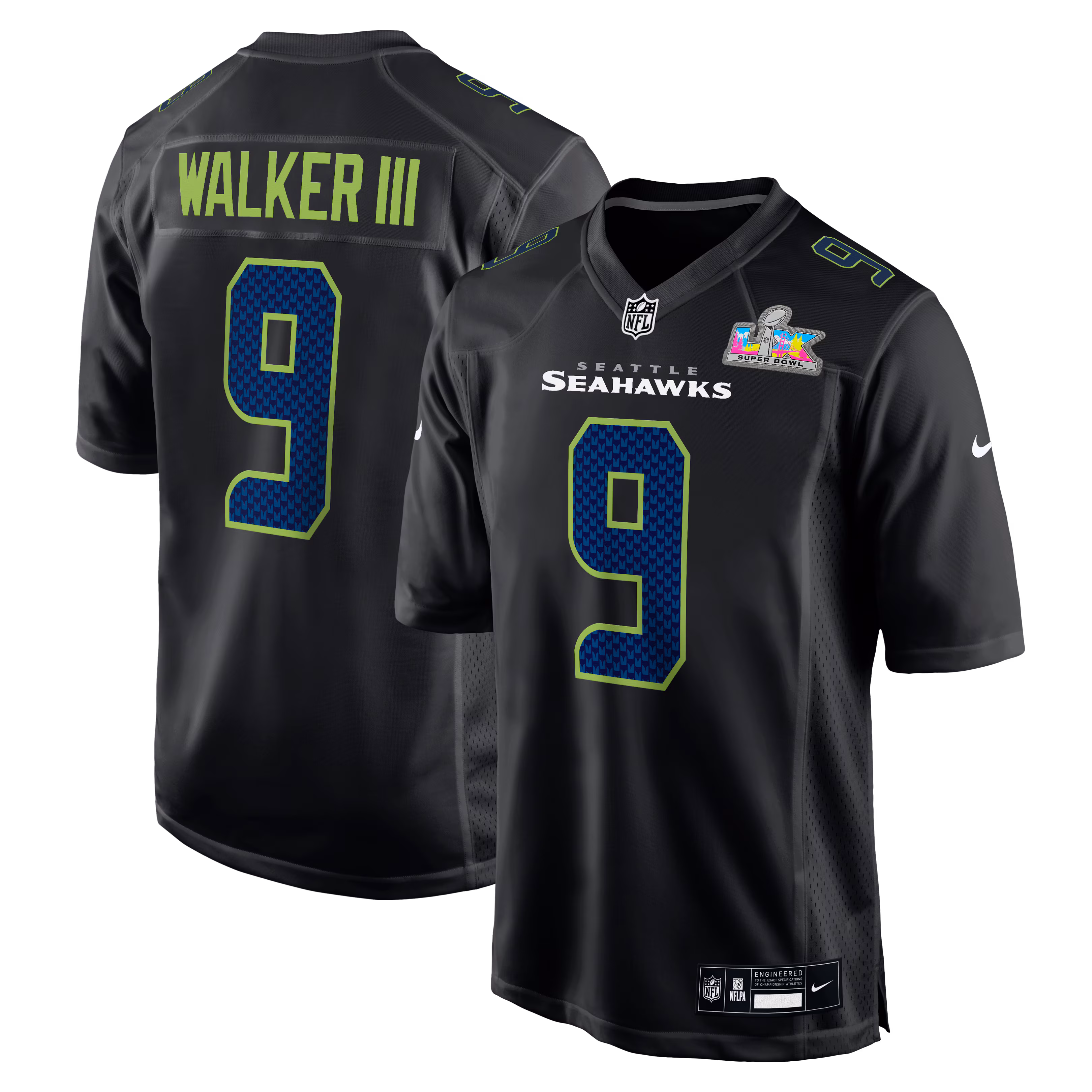 Kenneth Walker III #9 Seattle Seahawks Black Super Bowl LX Patch Carbon Fashion Game Jersey