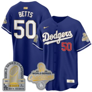 Mookie Betts #50 Los Angeles Dodgers 9x Champs Gold Collection Stadium Vapor Limited Jersey - All Royal