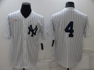 Men's  New York Yankees #4 Lou Gehrig White Strip Throwback Cool Base Stitched Jersey