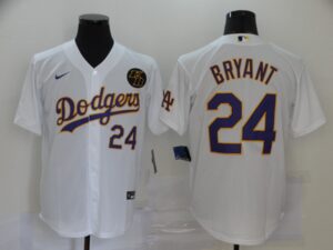 Men's Los Angeles Dodgers #24 Kobe Bryant White With Purple Name KB Patch Stitched Cool Base  Jersey