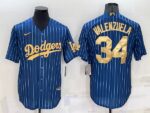 Men's  Los Angeles Dodgers #34 Fernando Valenzuela Blue Gold Throwback Cool Base Jersey