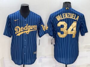 Men's  Los Angeles Dodgers #34 Fernando Valenzuela Blue Gold Throwback Cool Base Jersey