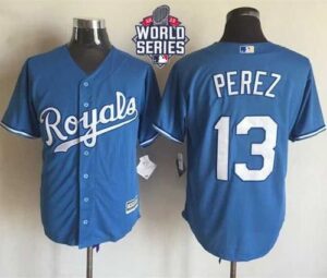 Kansas City Royals #13 Salvador Perez Light Blue Alternate 1 New Cool Base W/2015 World Series Patch Stitched Jersey