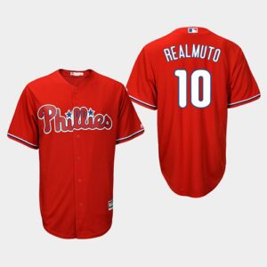 Men's Philadelphia Phillies #10 J.T. Realmuto Scarlet Majestic Alternate Cool Base Jersey