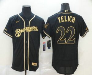Men's Milwaukee Brewers #22 Christian Yelich Black Golden Stitched Flex Base  Jersey